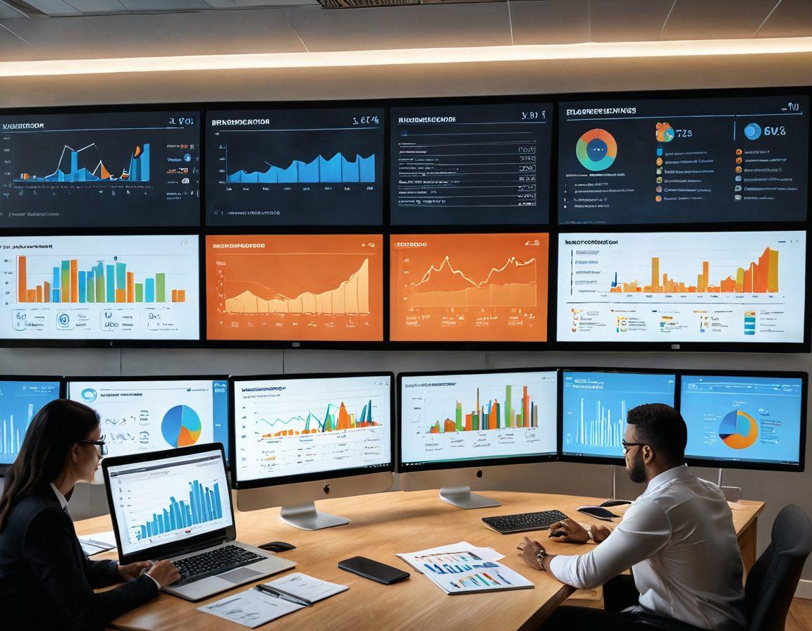 A professional workspace featuring a diverse team of analysts collaborating over a financial strategy presentation, with charts and graphs on a screen. Include tools like a laptop, notepad, and a financial dashboard showcasing KPIs. The atmosphere should convey focus and innovation, with warm lighting and modern decor. super-realistic. vibrant colors. 3D.